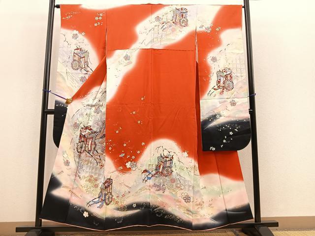 平和屋着物■豪華振袖　手描き　駒刺繍　扇御所車飛鶴花文　暈し染め　金銀彩　正絹　逸品　BAAL8839ct