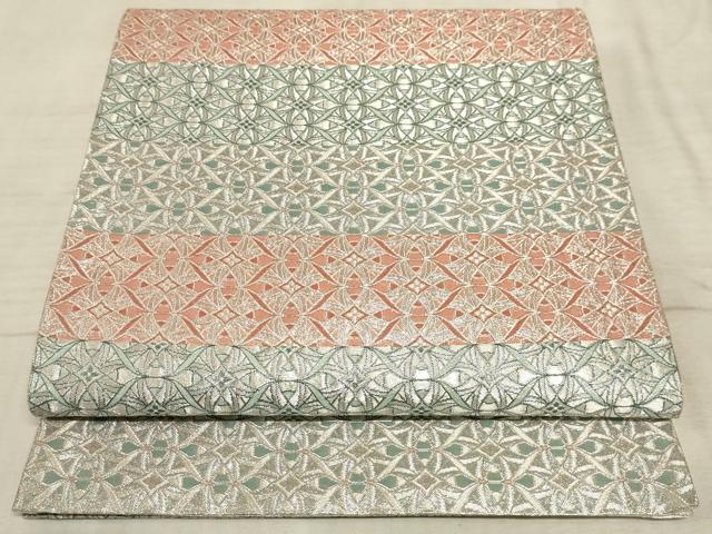 平和屋着物◎六通柄袋帯　横段花文　銀糸　正絹　逸品　AAAO6735sx