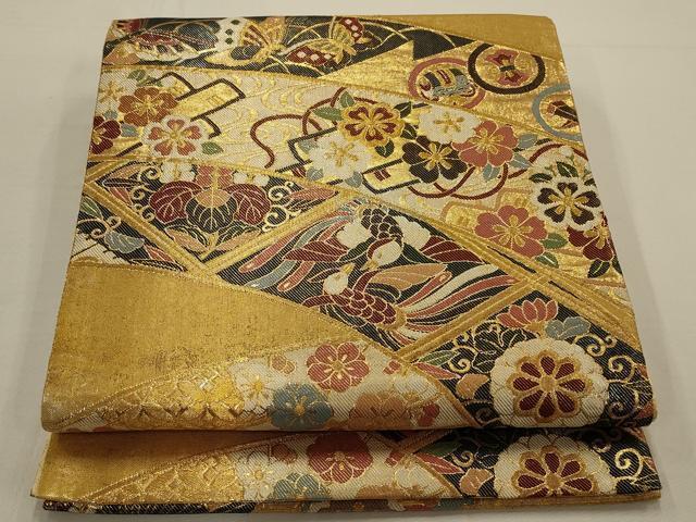 平和屋着物◎六通柄袋帯　鳳凰花蝶文　金糸　正絹　逸品　未使用　AAAN2308ou