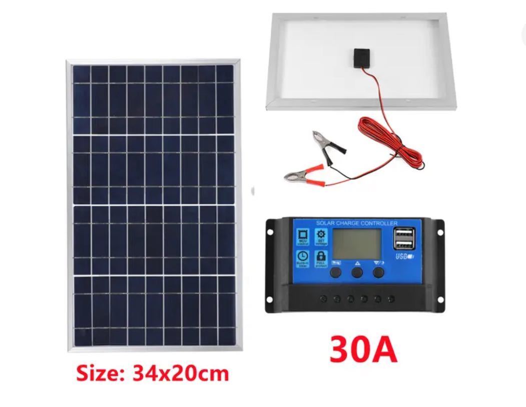 多結晶 アルミ枠 太陽光 50W 18V USB ソーラーパネル + 30A ソーラーコントローラー バッテリー充電 カー キャンプ ハイキング スマホ