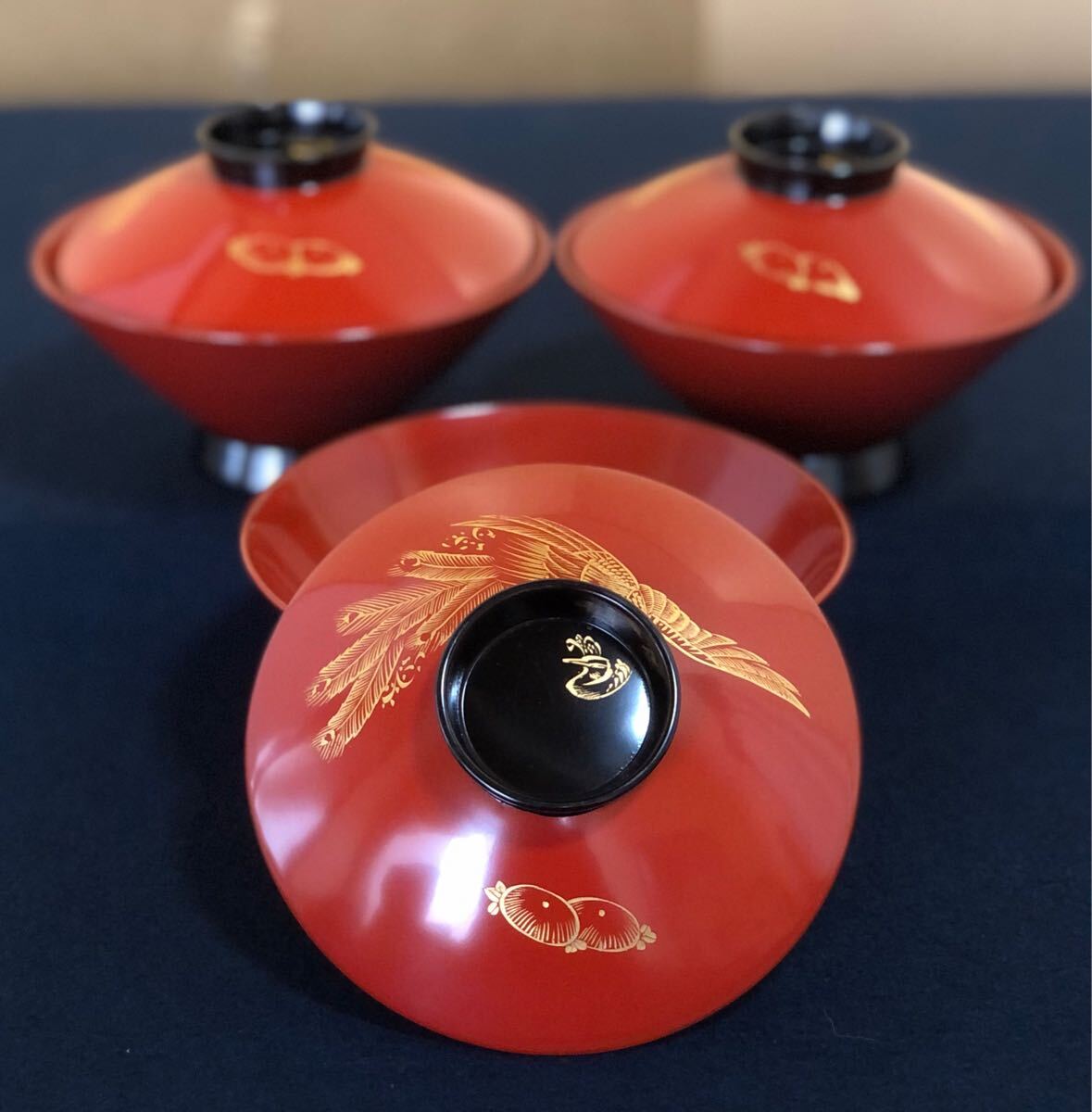 《R》洗朱 沈金桐鳳凰 吸物椀3客 木製漆器 木箱　241206お4