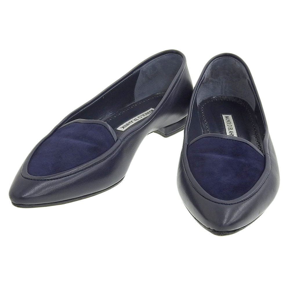 箱付美品 マノロブラニク MANOLO BLAHNIK カーフ×スエード ネイビー フラットパンプス レザー シューズ 38 24cm レディース