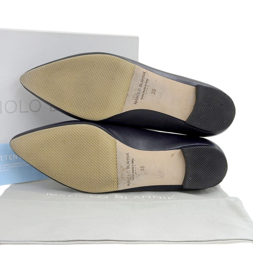 箱付美品 マノロブラニク MANOLO BLAHNIK カーフ×スエード ネイビー フラットパンプス レザー シューズ 38 24cm レディース