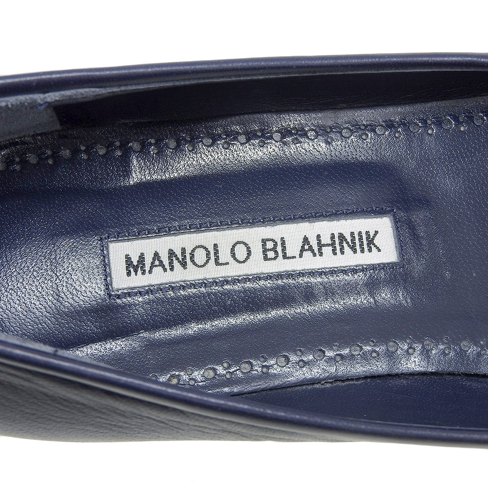 箱付美品 マノロブラニク MANOLO BLAHNIK カーフ×スエード ネイビー フラットパンプス レザー シューズ 38 24cm レディース
