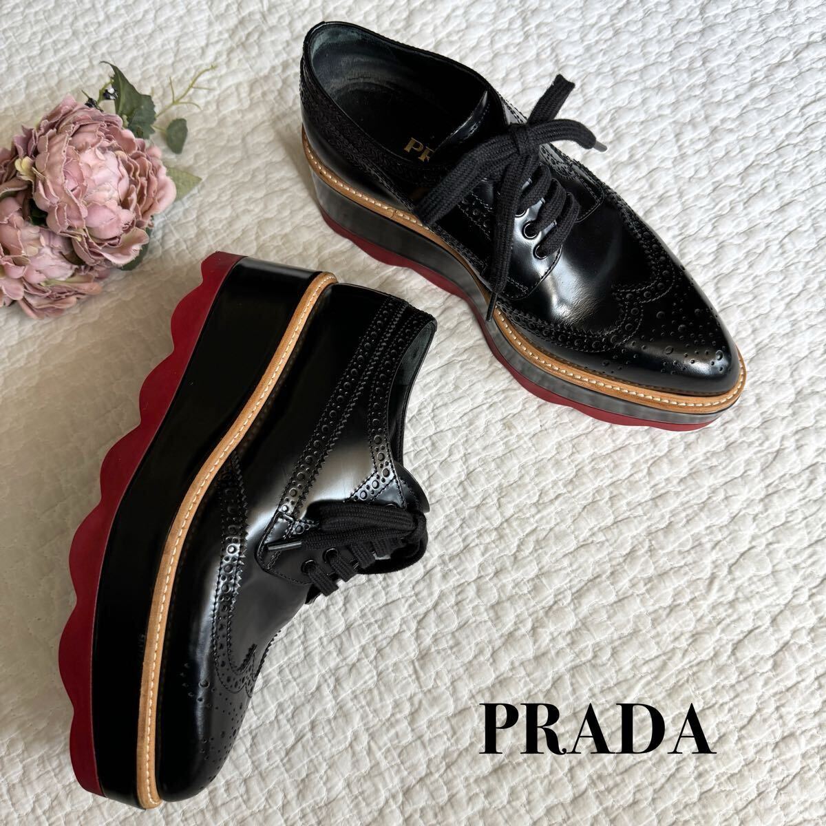 美品 プラダ PRADA ウィングチップ 厚底 レザーシューズ 美品 プラダ PRADA ウィングチップ 厚底 レザーシューズ