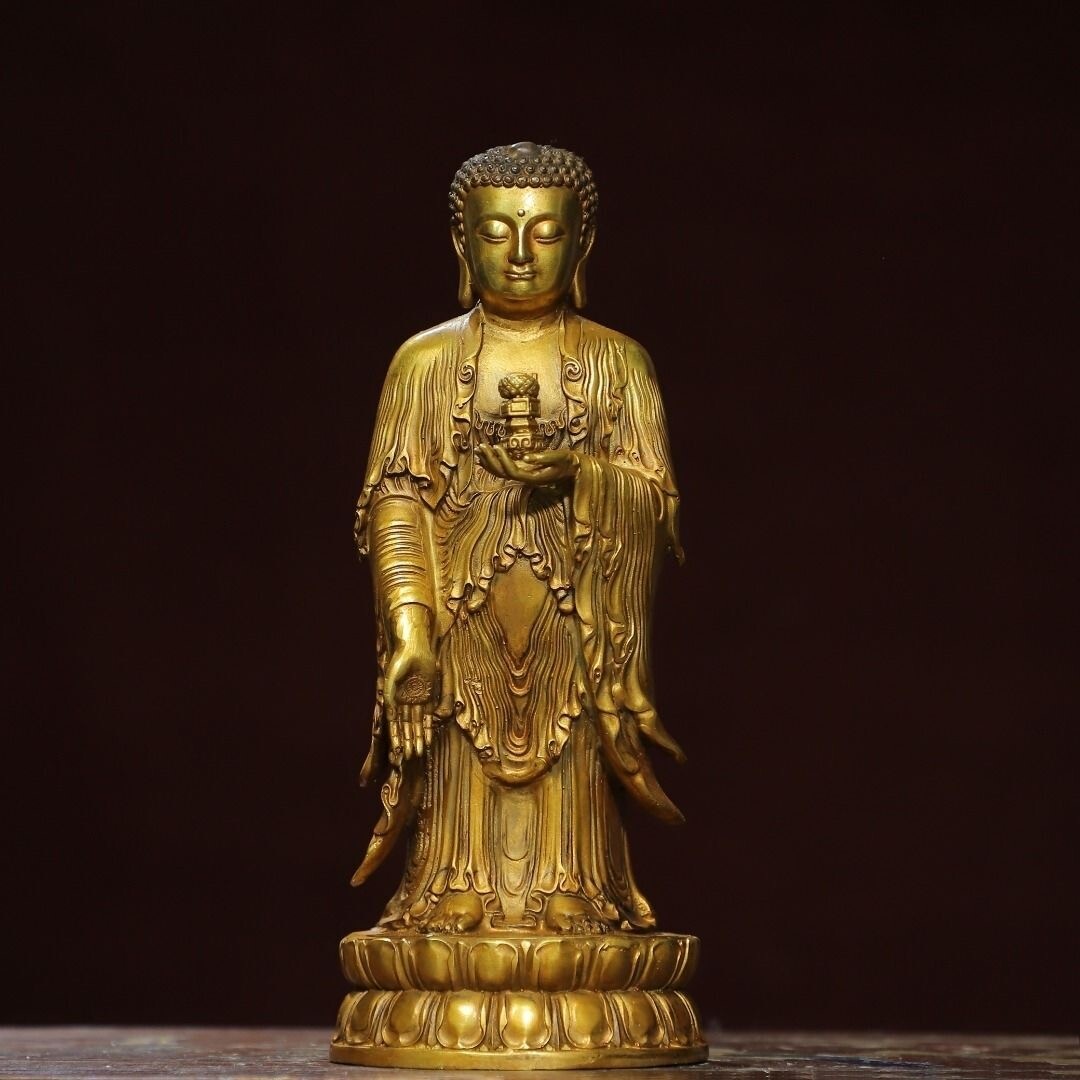 古玩 収蔵品放出 中国仏像 銅金阿弥陀仏 高さ20センチ幅8.5センチ 厚さ6.5センチ 重さ約0.6キロ(G-23)