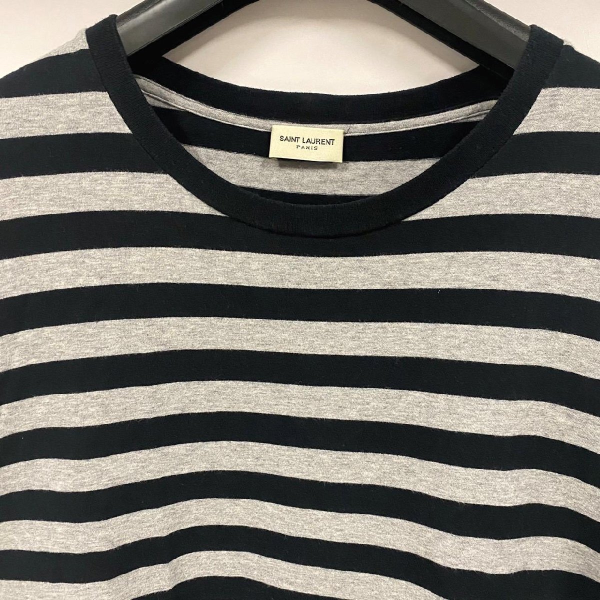 SAINT LAURENT サンローラン クルーネックボーダーＴシャツ ブランド メンズ アパレル コットン100％ グレー×ブラック 半袖