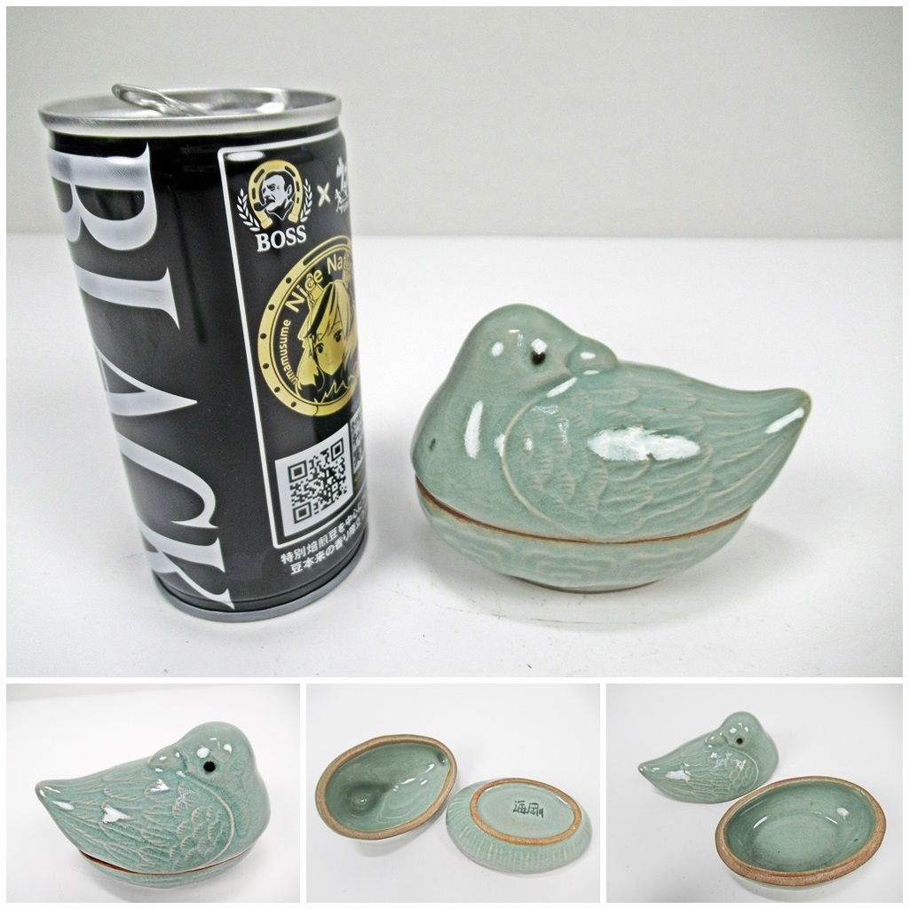 ◆[T17]韓国人間国宝　柳海剛（柳根瀅）作　高麗青磁鳥文香合　茶道具　茶室　茶器　骨董品　美術品　本物保証　現状品
