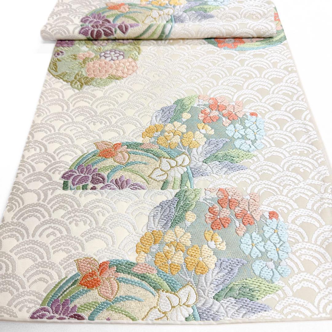 未着用 袋帯 白地 花紋 青海波 唐織 着物 103a o