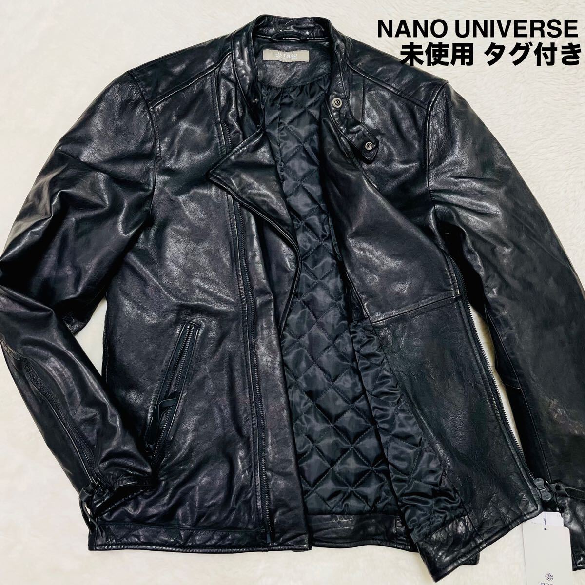 【新品 未使用品】 NANO UNIVERSE ナノユニバース セミダブル ラムレザー ライダース ジャケット 羊革 黒 本革 ブルゾン キルティング M