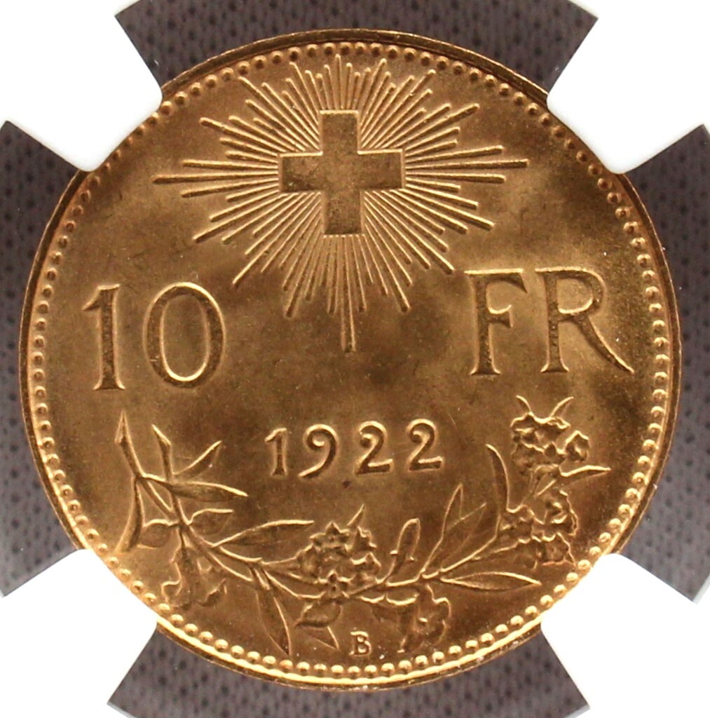1922年 スイス ブレネリ アルプスの少女 10フラン 金貨 NGC MS64 1922年 スイス ブレネリ アルプスの少女 10フラン 金貨 NGC MS64