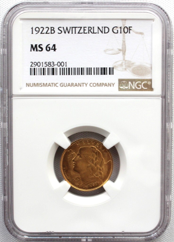 1922年 スイス ブレネリ アルプスの少女 10フラン 金貨 NGC MS64 1922年 スイス ブレネリ アルプスの少女 10フラン 金貨 NGC MS64