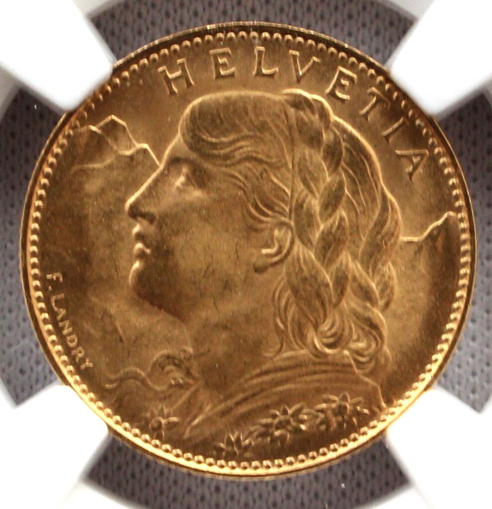 1922年 スイス ブレネリ アルプスの少女 10フラン 金貨 NGC MS64 1922年 スイス ブレネリ アルプスの少女 10フラン 金貨 NGC MS64