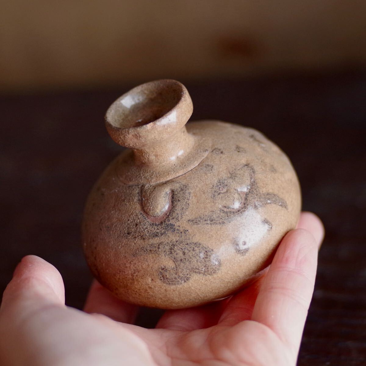 李朝高麗青磁/米色鉄絵小壷 李朝高麗青磁/米色鉄絵小壷