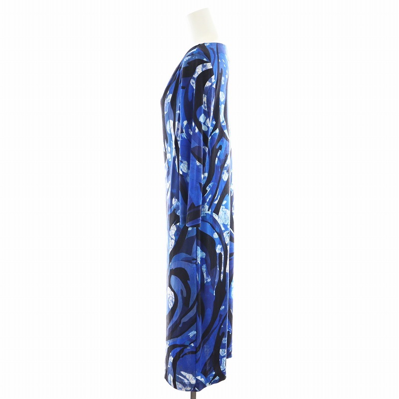 エミリオプッチ EMILIO PUCCI ワンピース ミモレ ロング 7分袖 総柄 シルク 絹 F38 M 青 ブルー 黒 ブラック /AN8 レディース
