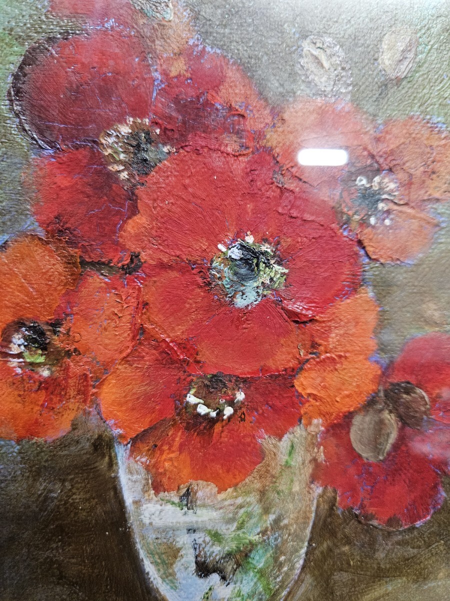 【人気ショップが最安値挑戦！】 真作 山本亜稀 作 油彩「グラスの赤い花」油絵 絵画 額装 花 絵画