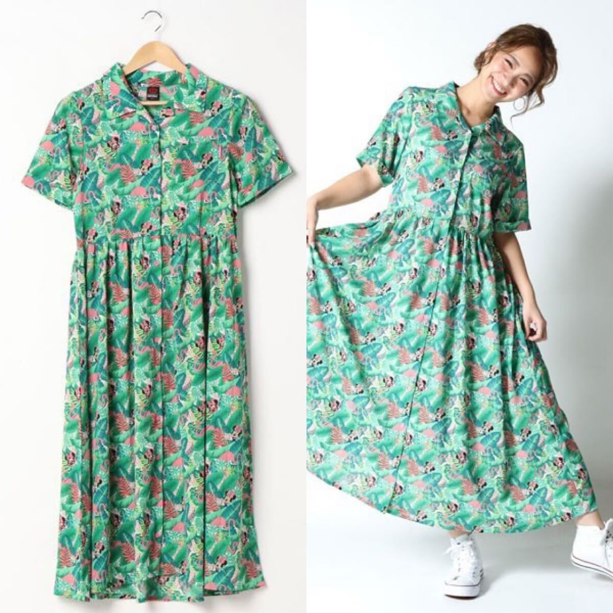 4840円 BABYDOLL ×ディズニーリゾート ミニー アロハシャツワンピース(半袖)フリー(SM相当)美品　春夏/ロング丈/グリーン系