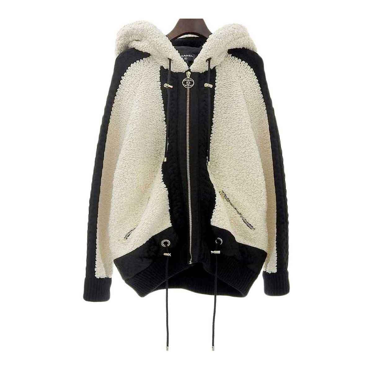 シャネル ココマーク ジップアップ ニット ボア 切替 ジャケット P62274K47615 レディース アイボリー ブラック 中古 【アパレル?小物】