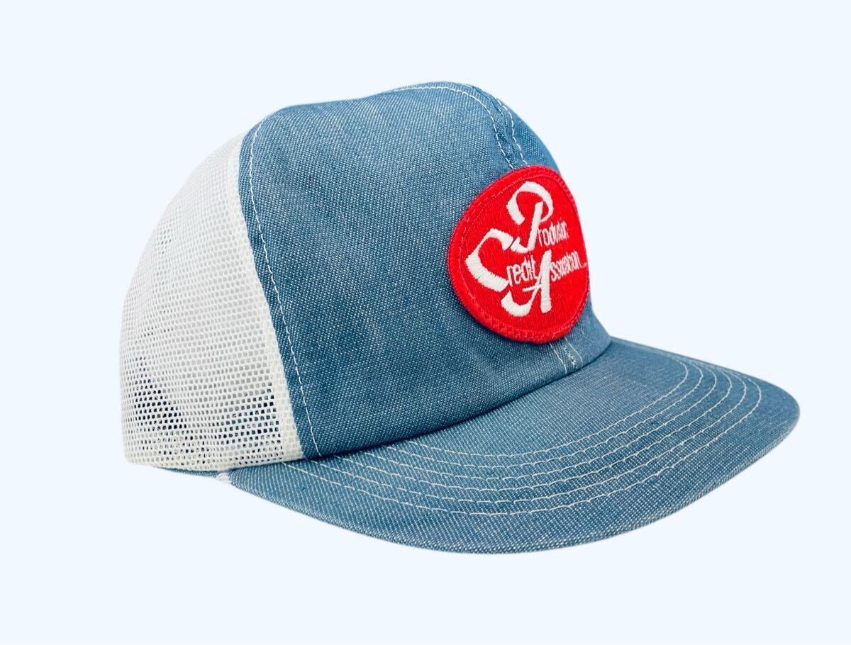 希少!! USA製 K-BRAND DENIM MESH TRUCKER CAP Production Credit トラッカーキャップ size FREE アメリカ製 ビンテージ 80s VINTAGE_画像2