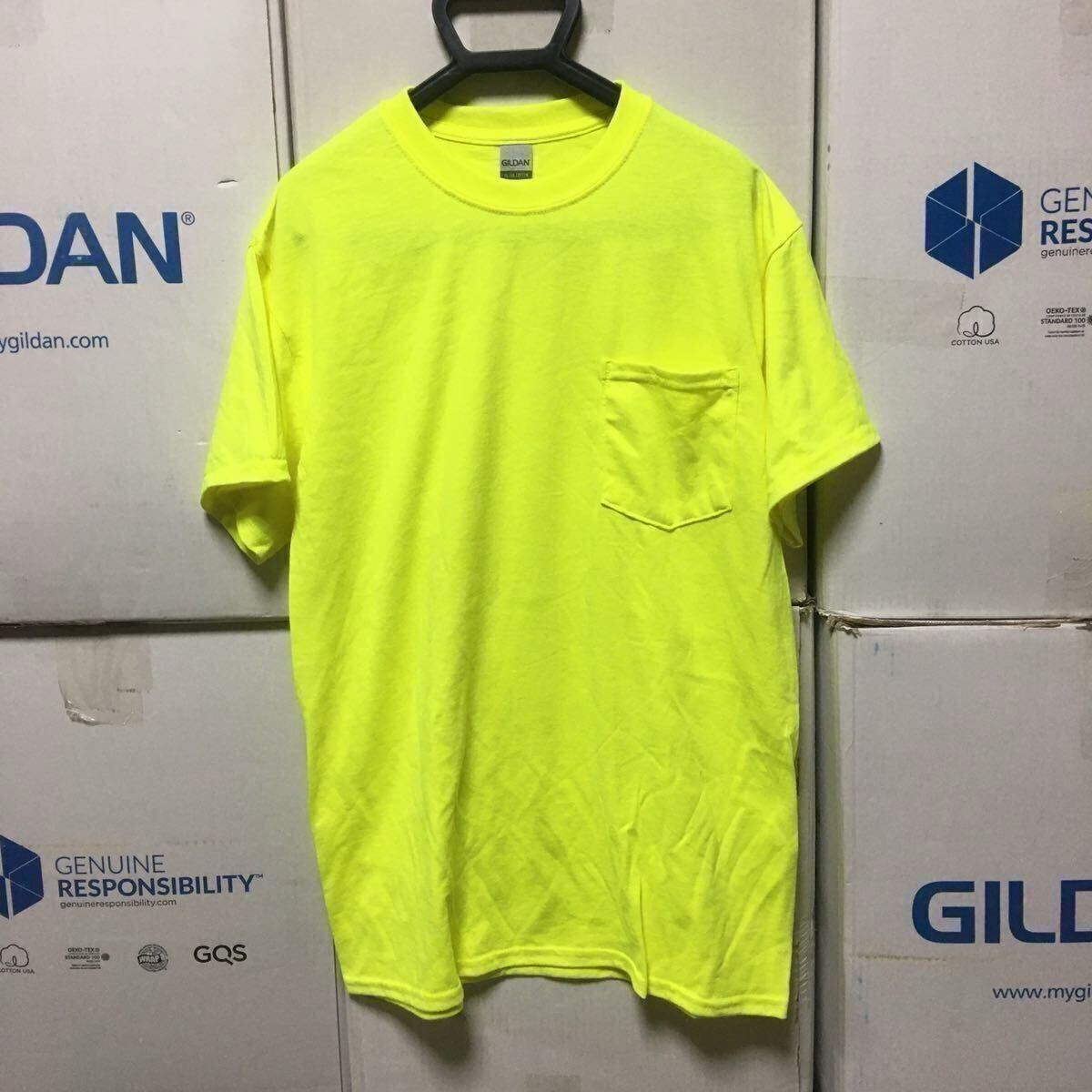 GILDAN セーフティグリーン 2XLサイズ 蛍光 ネオンイエロー 半袖無地Tシャツ ポケット付き 6.0oz ギルダン