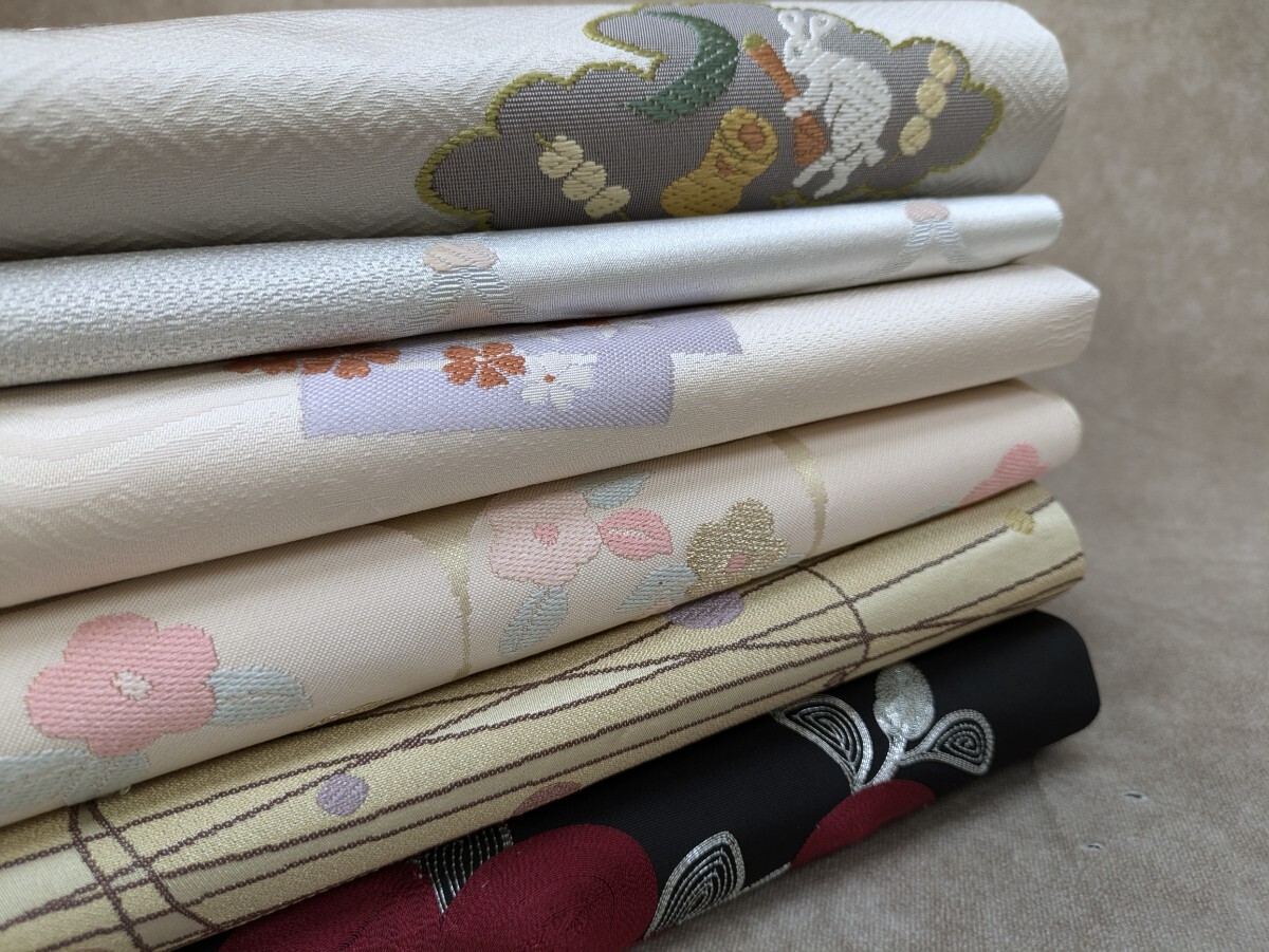 着物帯 名古屋帯 帯 6枚まとめ売り 和装小物 和柄 レトロ柄 花柄 団子 ウサギ 兎 お月見 リメイク 素材 材料 生地 奈良発
