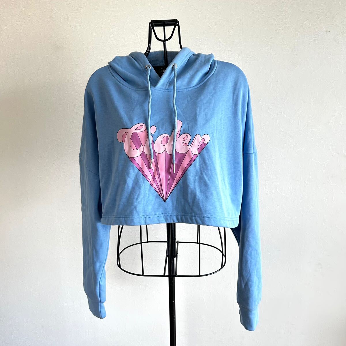 CIDER サイダー レディース ショート丈 #L 長袖 裏起毛 パーカー フーディ パステル ブルー トップス 15404