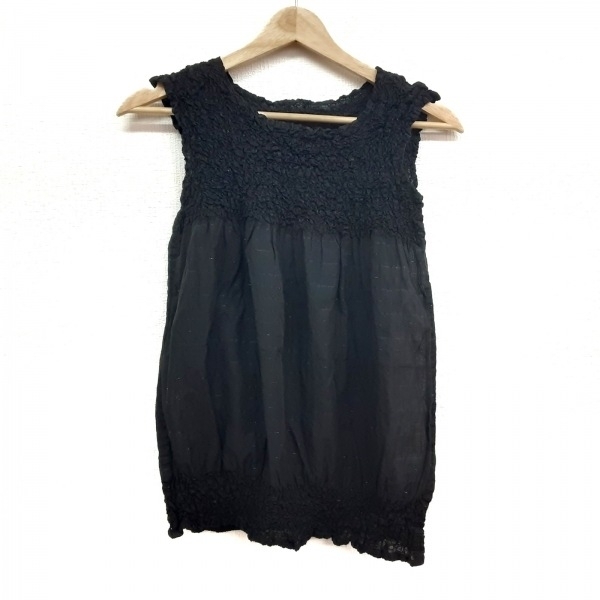 ミー/イッセイミヤケ me ISSEY MIYAKE ノースリーブカットソー - 黒×シルバー レディース ボーダー/シワ加工 美品 トップス