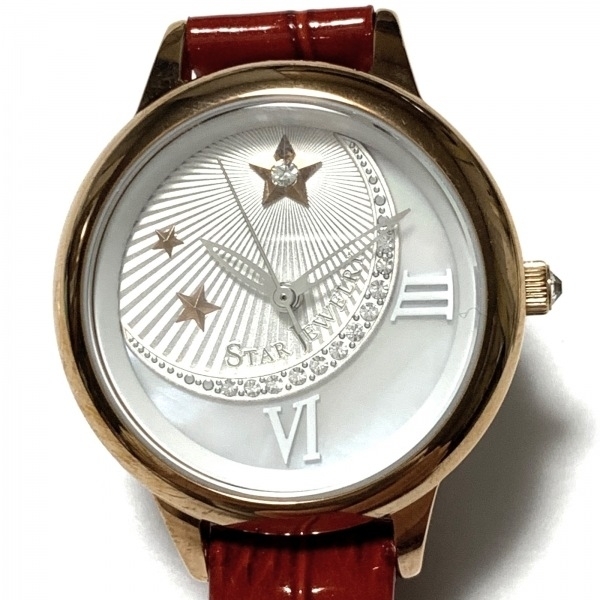 スタージュエリー 腕時計■美品 StarryCircusW 2SW0962 レディース ラインストーン/三日月/2015年クリスマス限定 白×ホワイトシェル