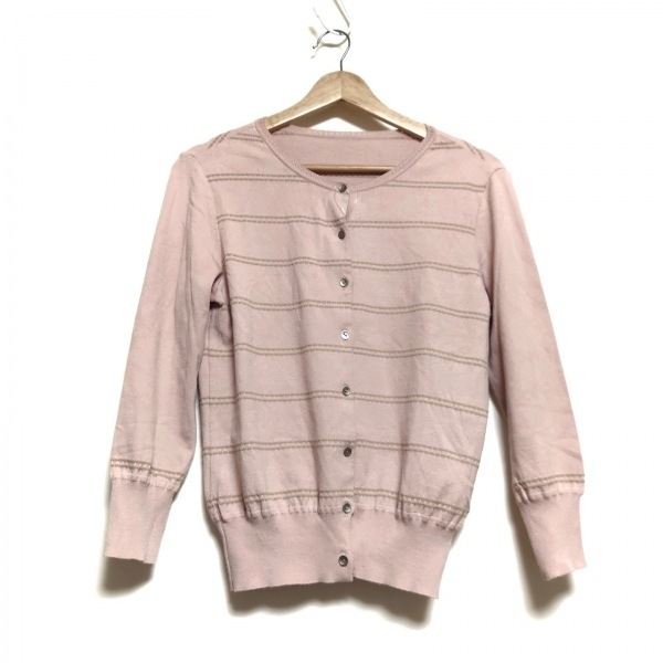 フォクシー FOXEY カーディガン サイズ42 L - ピンクベージュ×ベージュ レディース 七分袖/ボーダー トップス