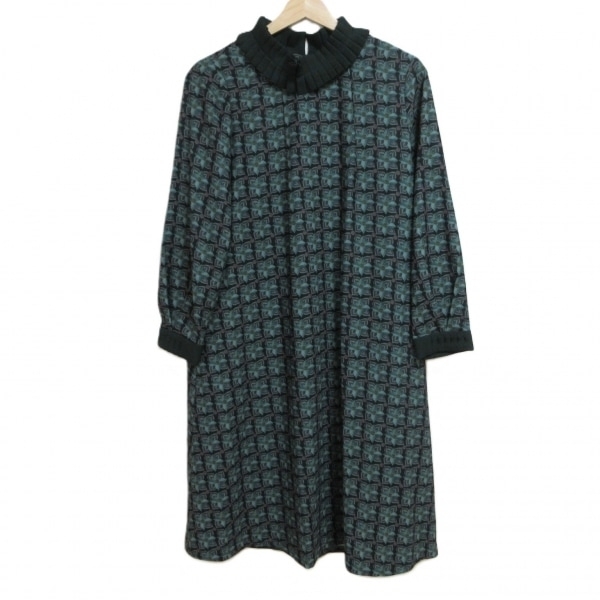 ホコモモラ JOCOMOMOLA サイズ40 XL - 黒×グリーン×ブラウン レディース 長袖/ロング/花柄/付け襟取り外し可/プリーツ 美品 ワンピース