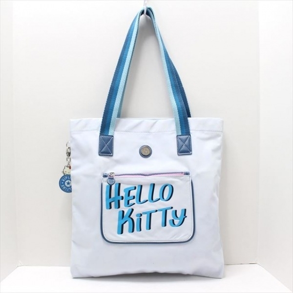 キプリング Kipling トートバッグ - レザー ライトブルー×ネイビー×ブルー HELLO KITTYコラボ 美品 バッグ