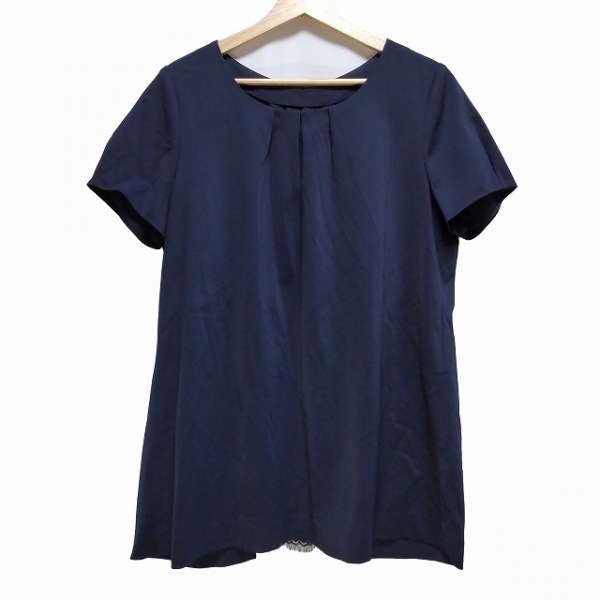 レリアン Leilian サイズ13+ S - ネイビー×黒 レディース クルーネック/半袖/ミニ/レース/リボン 美品 ワンピース