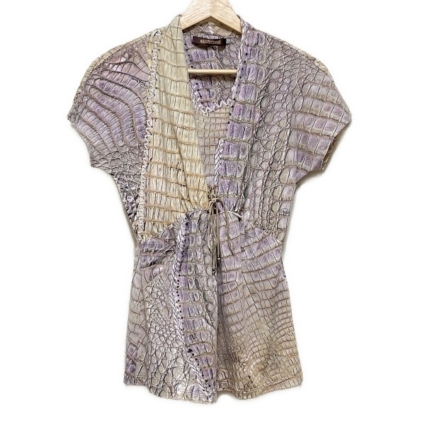 ロベルトカヴァリ RobertoCavalli 半袖カットソー サイズ42 L - グレーベージュ×ベージュ×マルチ レディース クロコダイル柄 美品