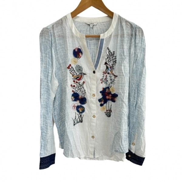 デシグアル Desigual 長袖シャツブラウス サイズS - ライトブルー×白×マルチ レディース 刺繍/鳥/フラワー(花) 美品 トップス