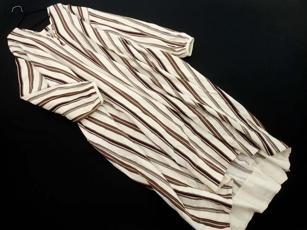 SHARE PARK シェアパーク リネン混 ストライプ プルオーバー シャツ ワンピース size1/白ｘ茶 ■◇ ☆ ela5 レディース