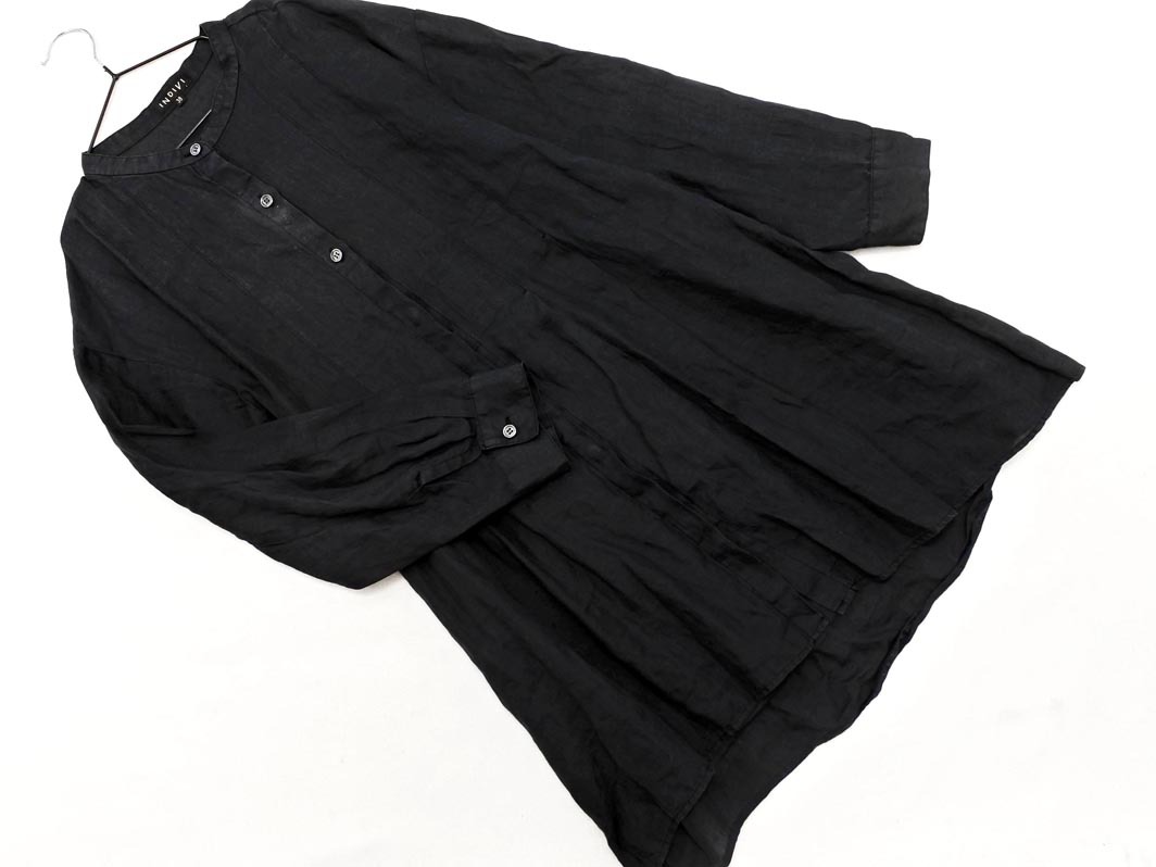 ネコポスOK INDIVI インディヴィ リネン100% タック ノーカラー シャツ size38/黒 ■◇ ☆ elb1 レディース