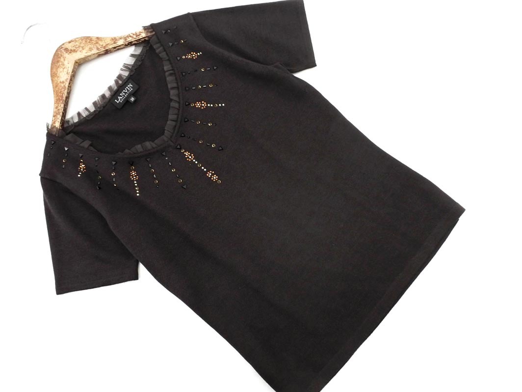 ネコポスOK LANVIN ランバン ウール混 ラインストーン 半袖 ニット セーター size38/茶 ◇■ ☆ elc3 レディース