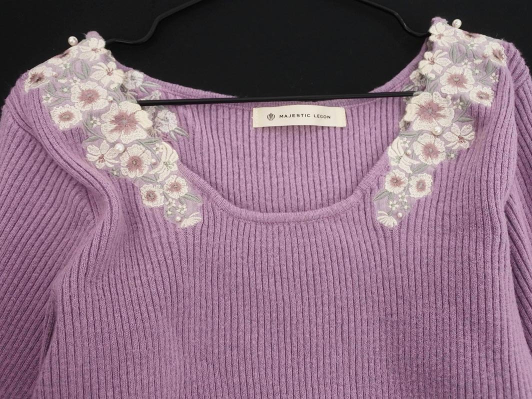 MAJESTIC LEGON マジェスティックレゴン 花 刺繍 リブ ニット セーター sizeM/ラベンダー ◇■ ☆ elc3 レディース