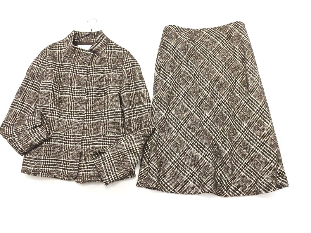 GIANNI LO GIUDICE ジャンニロジュディチェ 毛麻混 チェック ジャケット スカート セットアップ size40/茶 ◇■ ☆ elc7 レディース