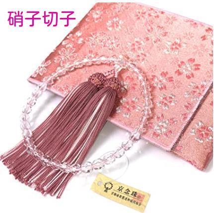 【桜模様　数珠袋付】女性用　数珠　切子硝子 切子ガラス　略式数珠