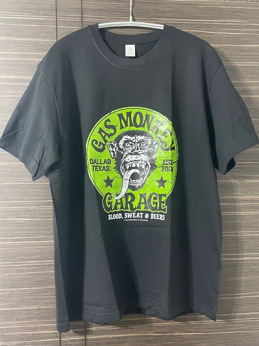 新品ガスモンキーガレージTシャツXL GasMonkey garageブラック Tシャツ 半袖 アメカジ 黒×緑半袖プリントTシャツ