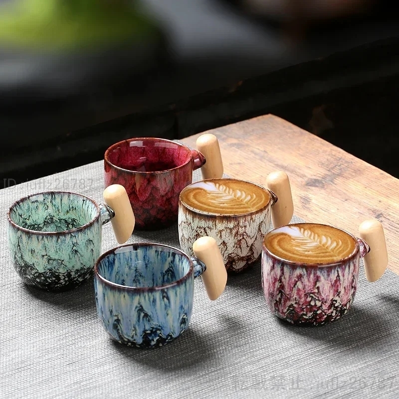木製ハンドル付きセラミックコーヒーカップ セラミックコーヒーマグ セラミック 朝食用 カスタムロゴ付き 卸売り 1個 HOM531