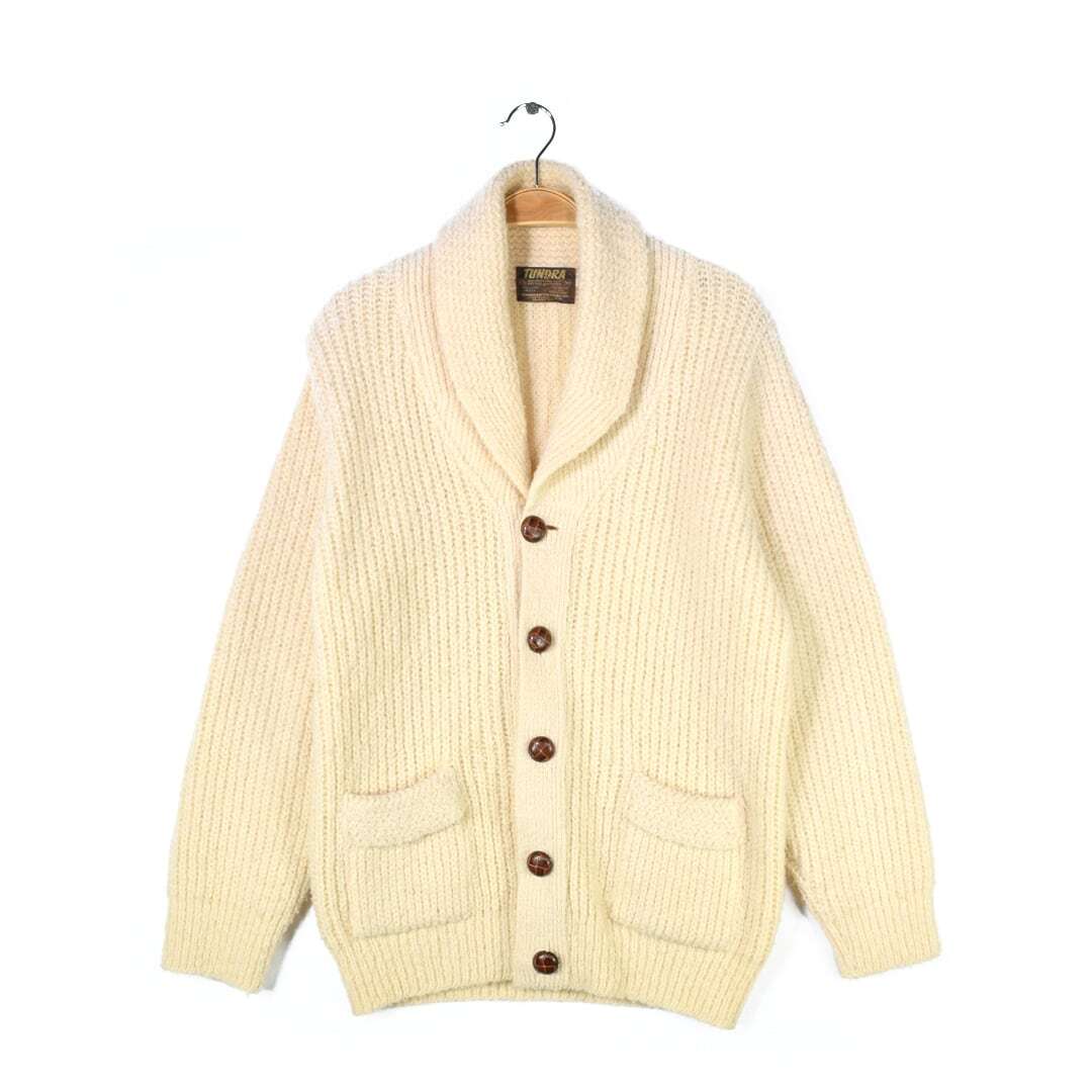 【送料無料】80s ツンドラ カナダ製 ヴィンテージセーター ショールカラー ウールセーター レザーエルボーパッチ メンズM 古着 @CH1080