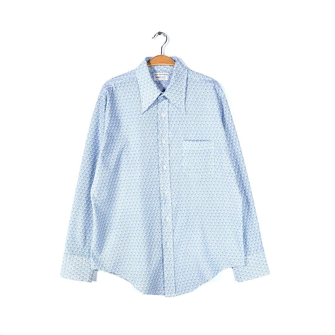 【送料無料】70s ヴァンヒューゼン ヴィンテージポリエステルシャツ 総柄 ポリシャツ 青白 VAN HEUSEN メンズL相当 古着 @CA1417