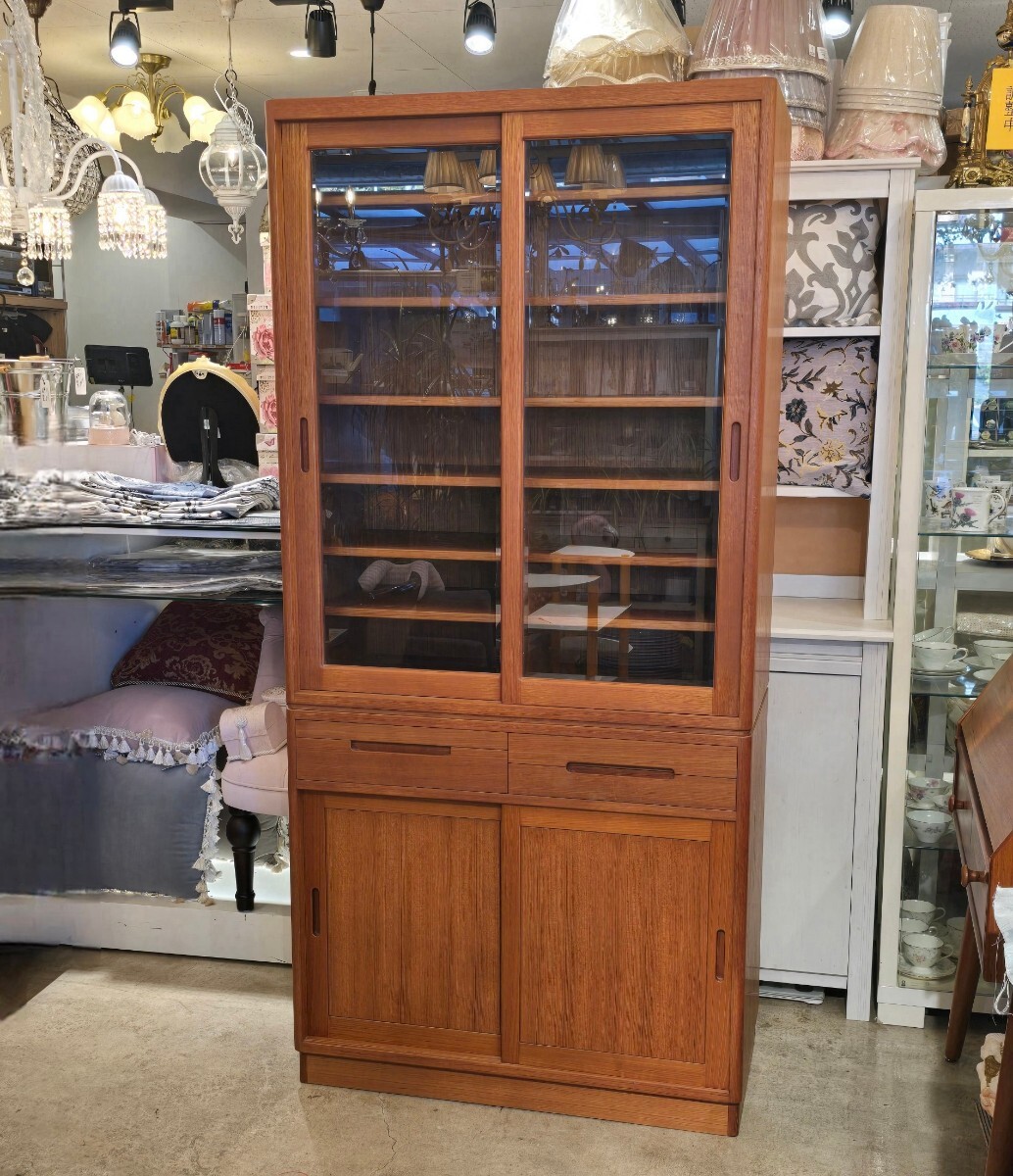 【希少】チーク材 hita 日田工芸株式会社 MALMORE 食器棚 90cm キャビネット カップボード 本棚 飾り棚 キッチンボード 書棚 無垢材 無垢
