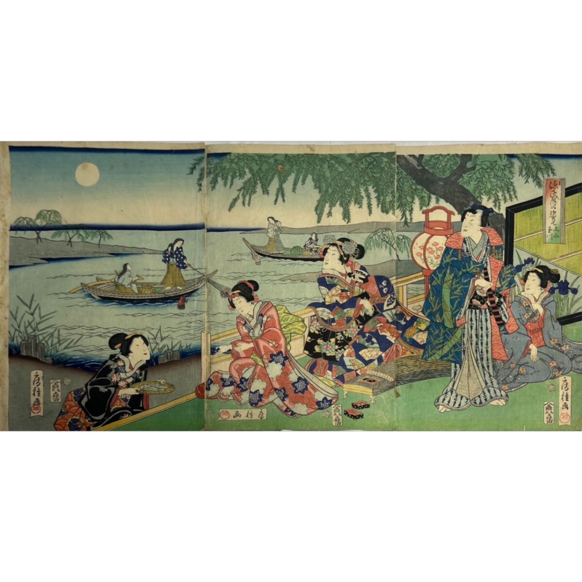 12142△真作 江戸時代△浮世絵師【歌川房種】三枚続△各 縦37cm 12142△真作 江戸時代△浮世絵師【歌川房種】三枚続△各 縦37cm