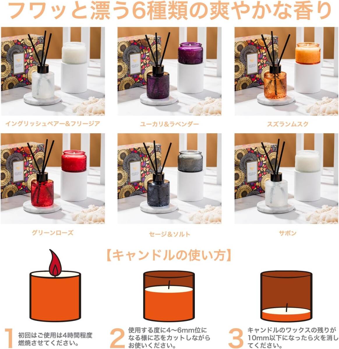 アロマキャンドル リードディフューザー ギフトセット プレゼント 女性 スティック付き(イングリッシュ ペアー＆フリージア)