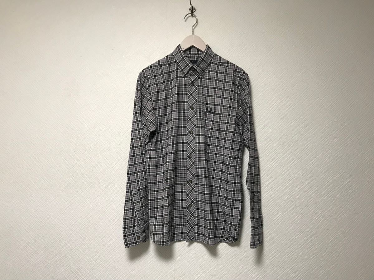 本物フレッドペリーFREDPERRYコットンチェック柄ロゴ刺繍長袖ネルシャツメンズサーフアメカジミリタリーストリートスケーターワークグレーS