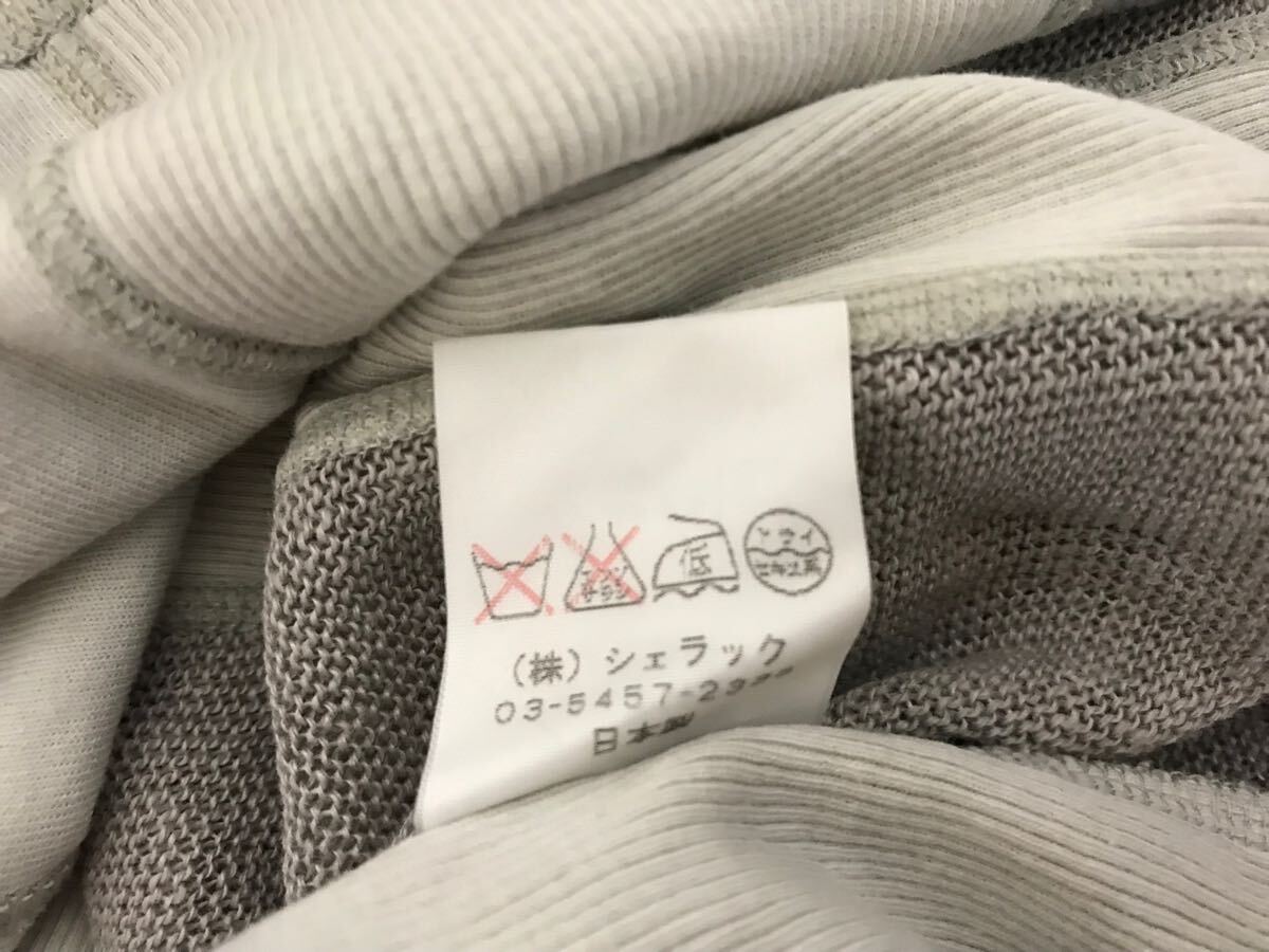 本物シェラックSHELLACコットンリネン麻ニットベロア切り替えデザインドレスVネック長袖ロンTシャツトレーナーメンズグレー日本製46M