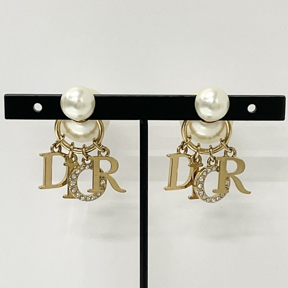 M11040 Christian Dior DIOR TRIBALES Logo pearl rhinestone earrings Gold 